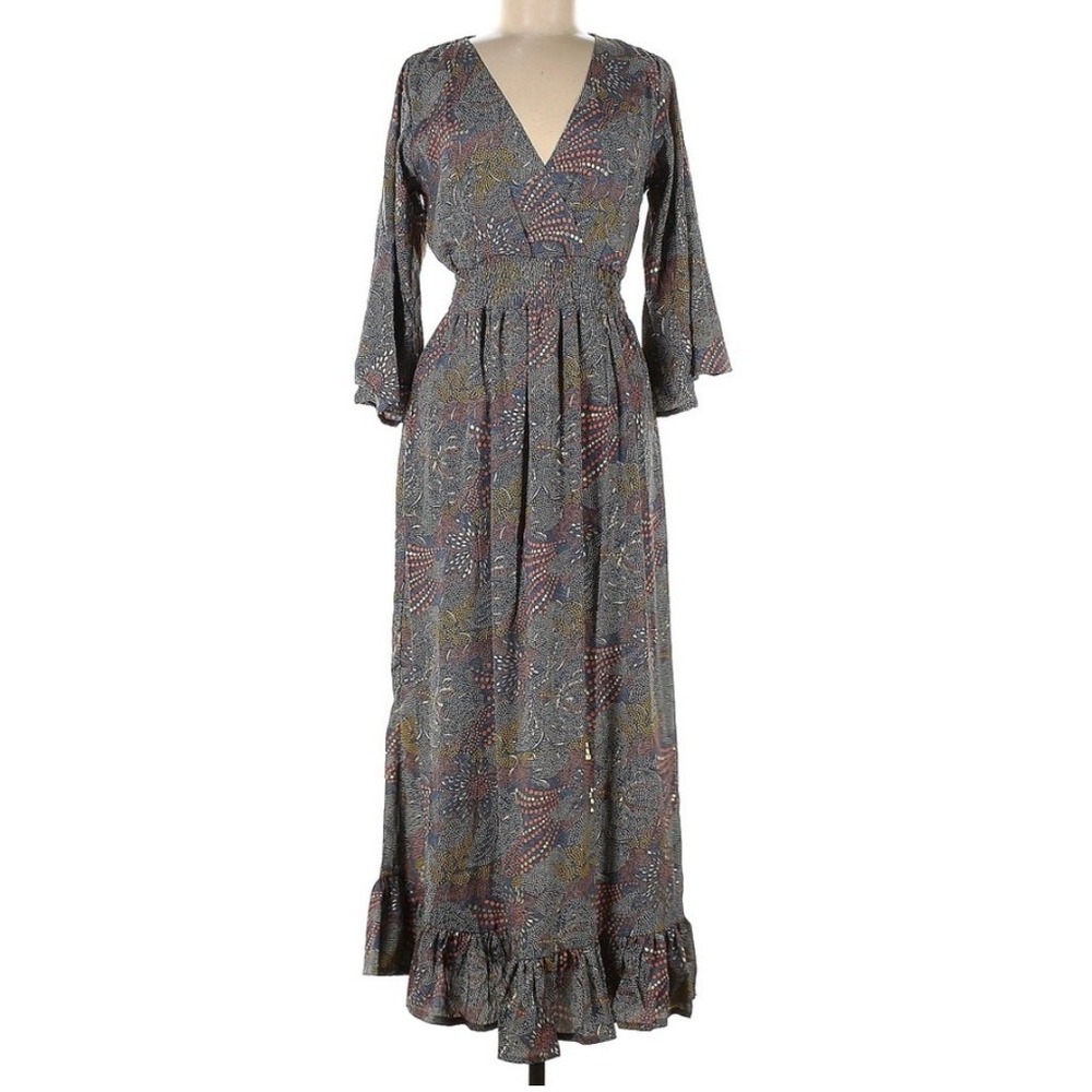Paani Womens Blue Gold Paisley Smocked Waist Ruffle Maxi Dress 3/4 Bell Sleeve S